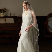 160cm single-layer beaded bridal veil with long elegant hair comb on soft chiffon tulle