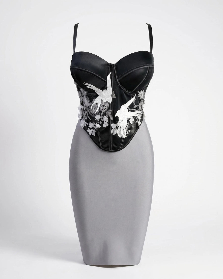 Women’s Strapless Corset & Bandage Skirt Set – Elegant Embroidered 2 Piece Work to Evening Outfit
