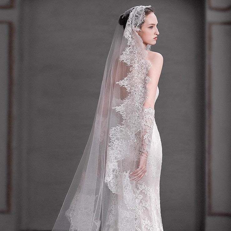 Black and white eyelash lace cathedral bridal veil with long wedding train on soft chiffon tulle