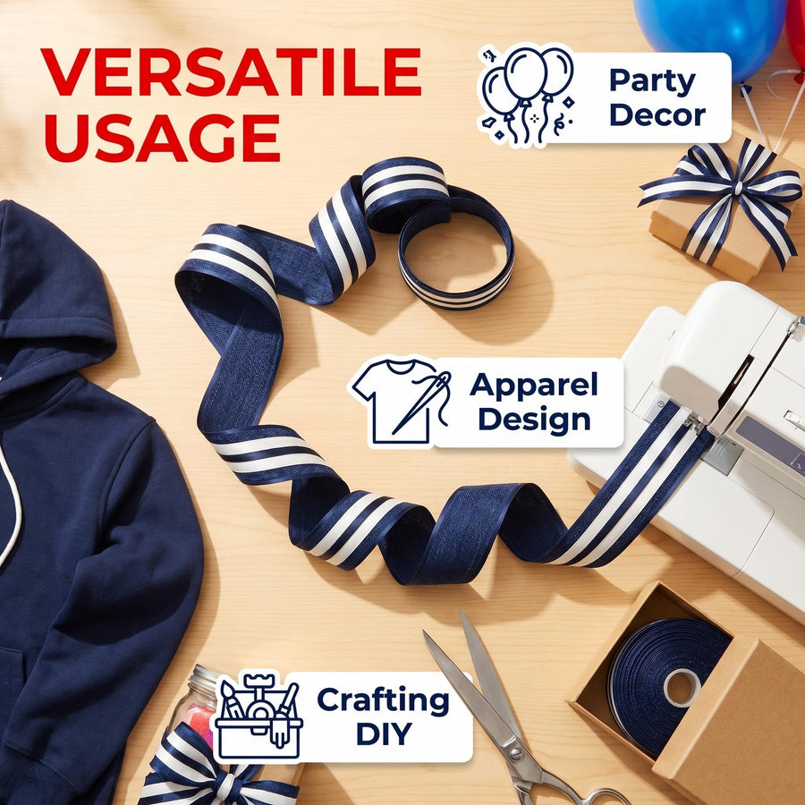 Elegant Navy & Cream Ribbon Trio Set – Luxury Woven & Satin Decorative Ribbon Bundle for Fashion & Gift Styling