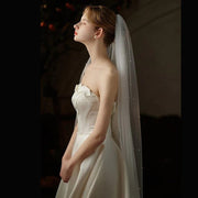 Mid-length beaded lace tulle bridal veil made of soft chiffon tulle, perfect for weddings and photography