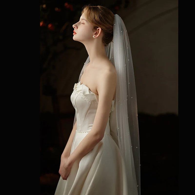 Mid-length beaded lace tulle bridal veil made of soft chiffon tulle, perfect for weddings and photography