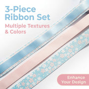 Elegant Pastel Floral Ribbon Trio Set – Cream Blue Floral Grosgrain, Blush Pink & Light Blue Satin Decorative Ribbon Bundle