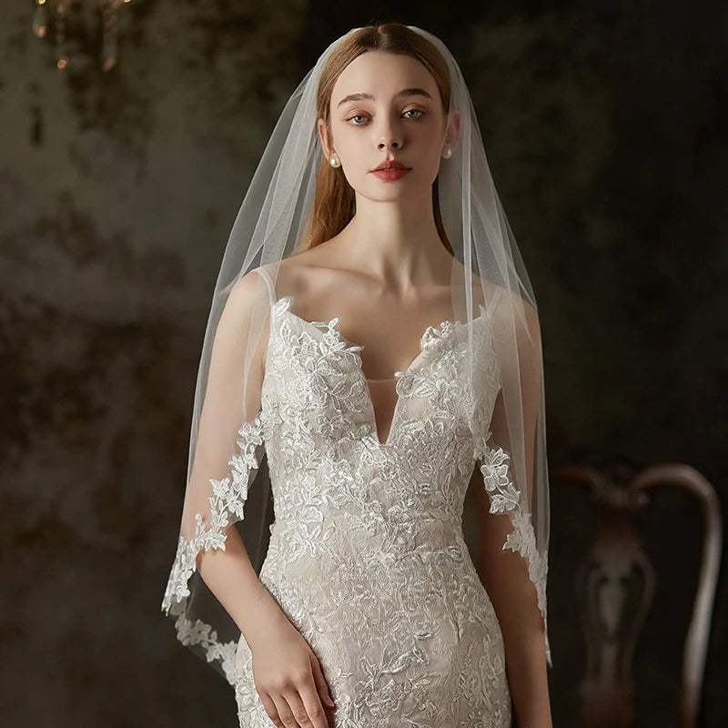 Single-Layer Lace Flower Hair Comb Bridal Veil - 90cm Elegant Plain Tulle Wedding Veil