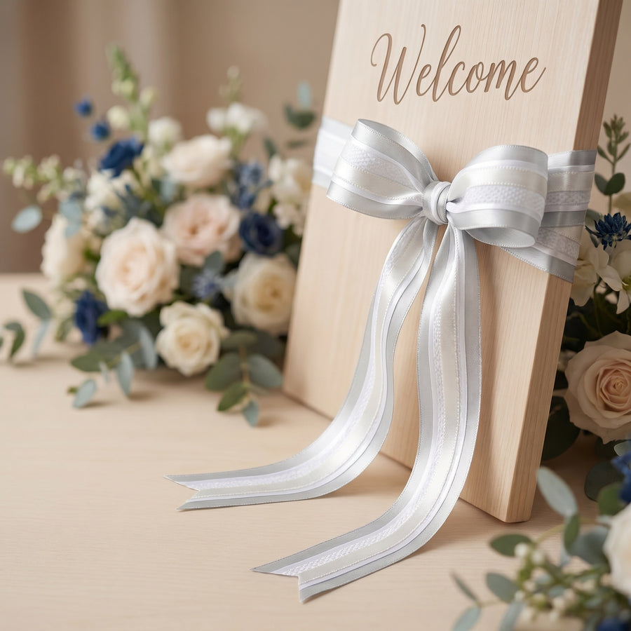 Elegant Silver & White Ribbon Trio Set – Luxury Satin & Woven Decorative Ribbon Bundle for Fashion & Gift Styling