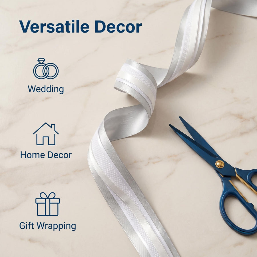 Elegant Silver & White Ribbon Trio Set – Luxury Satin & Woven Decorative Ribbon Bundle for Fashion & Gift Styling