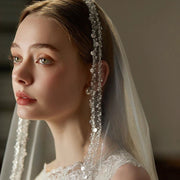 160cm single-layer beaded bridal veil with soft chiffon tulle and elegant hair comb headpiece