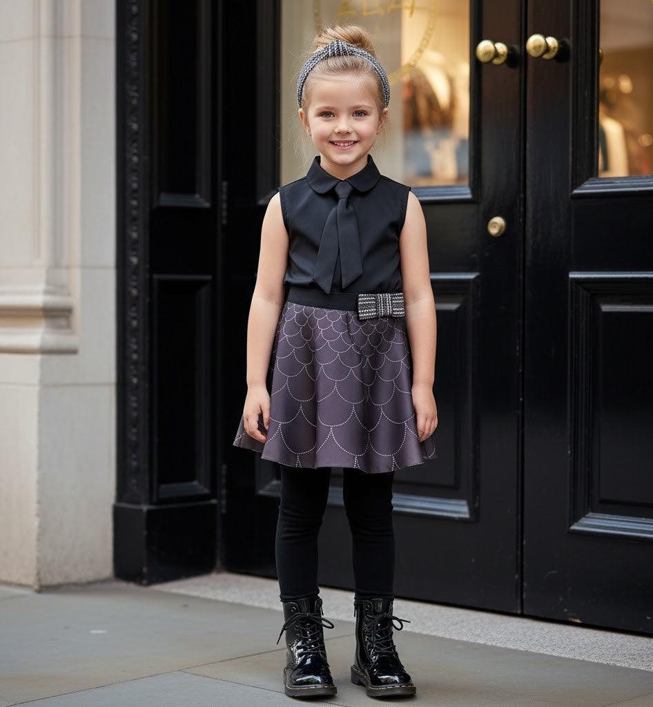 Girls Versatile Scuba Knit Skirt in purple with black scallop pattern and decorative buckle, paired with black leggings and boots on a smiling girl.