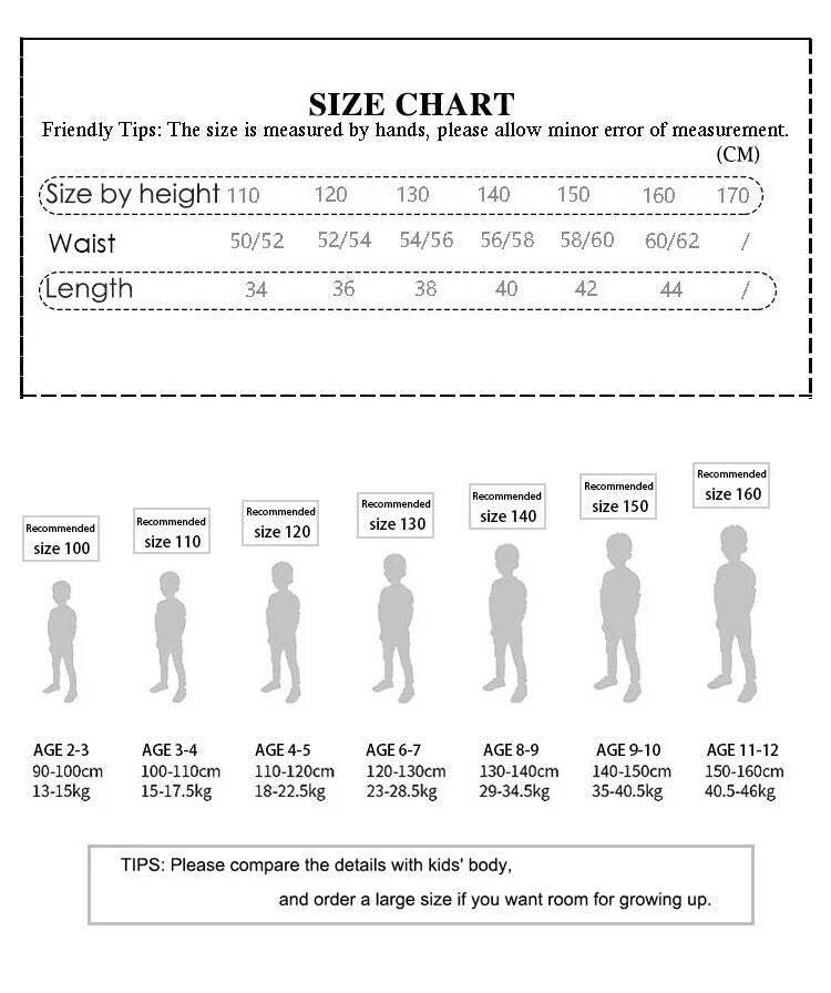 Size chart for Girls Versatile Scuba Knit Skirt showing waist and length measurements in cm, with recommended sizes by age and height.