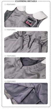 Girls Woolen Sleeveless Sporty Dress in grey velvet, with white collar, chest patch, bow and stitched trim details.