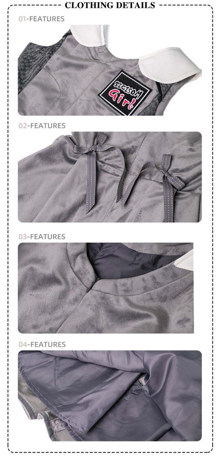 Girls Woolen Sleeveless Sporty Dress in grey velvet, with white collar, chest patch, bow and stitched trim details.