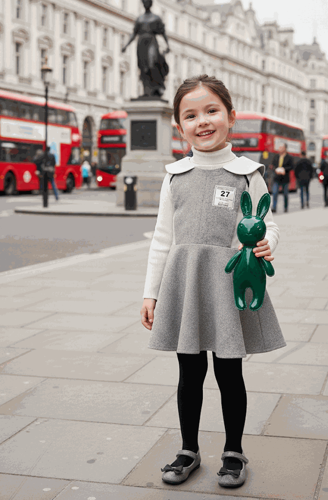 Girls Woolen Sleeveless Sporty Dress in grey wool fabric, with a flared skirt, white collar, and 27 badge.