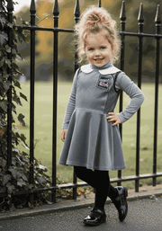 Girls Woolen Sleeveless Sporty Dress in grey, with a long-sleeved top, white collar, chest patch and flared skirt