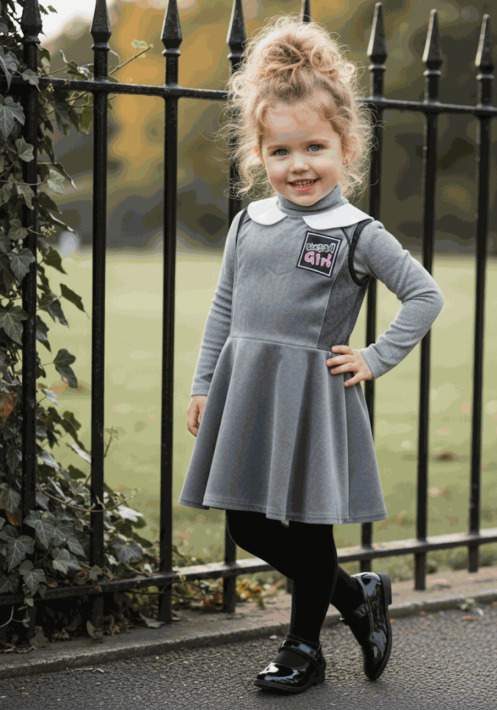 Girls Woolen Sleeveless Sporty Dress in grey, with a long-sleeved top, white collar, chest patch and flared skirt