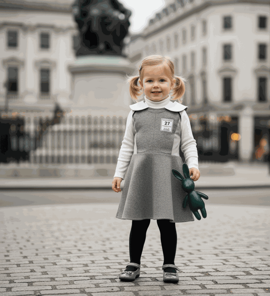 Girls Woolen Sleeveless Sporty Dress in grey, with a smooth sleeveless bodice, white collar and flared skirt.