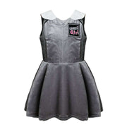 Girls Woolen Sleeveless Sporty Dress in grey velvet, with a flared skirt, white collar and small chest patch.
