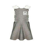 Girls Woolen Sleeveless Sporty Dress in grey wool-look fabric, with a flared skirt, white collar and chest patch.
