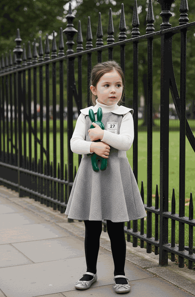 Girls Woolen Sleeveless Sporty Dress in grey textured fabric, with a flared skirt, white collar and long-sleeve top layered underneath.