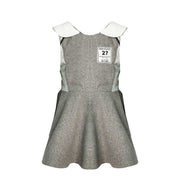 Girls Woolen Sleeveless Sporty Dress in grey wool-look fabric, with a flared skirt, white collar and number patch.