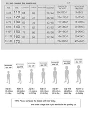 Girls' Woolen Winter coat size chart with grey tables listing ages, measurements, height and weight recommendations.