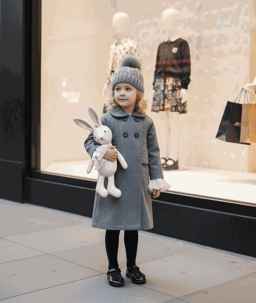 Girls' Woolen Winter coat in solid grey wool, with a long double-breasted cut, rounded collar and dark buttons.