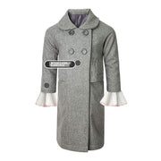 Girls' Woolen Winter coat in grey wool with a double-breasted button front, rounded collar and white flared cuffs.