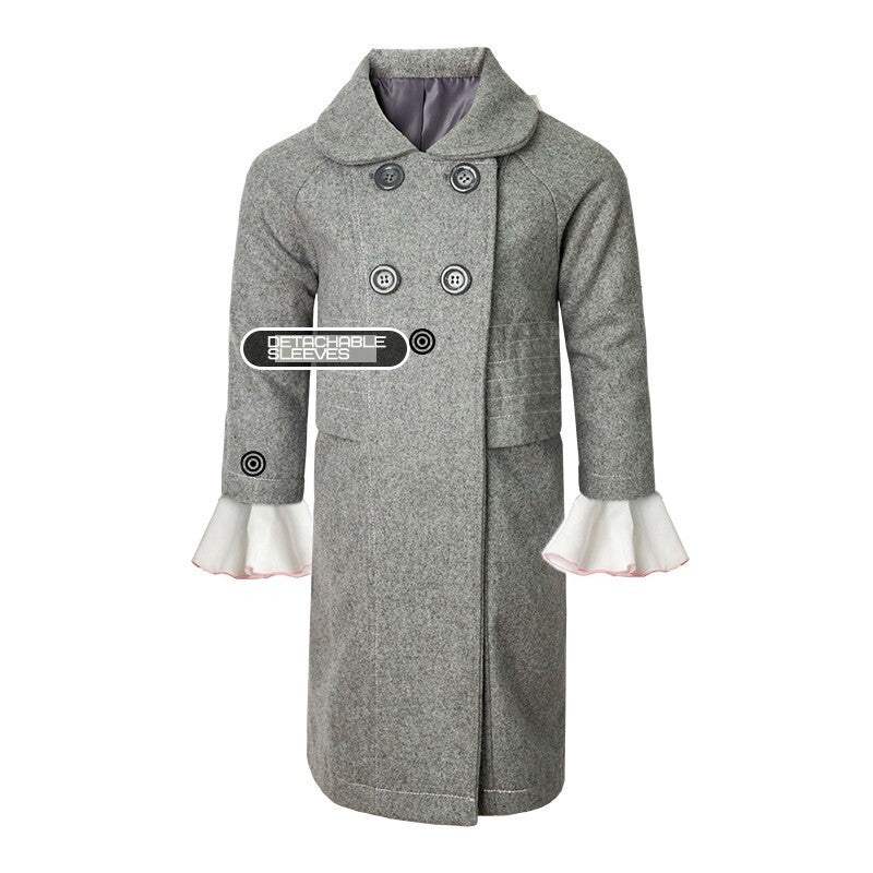 Girls' Woolen Winter coat in grey wool with a double-breasted button front, rounded collar and white flared cuffs.