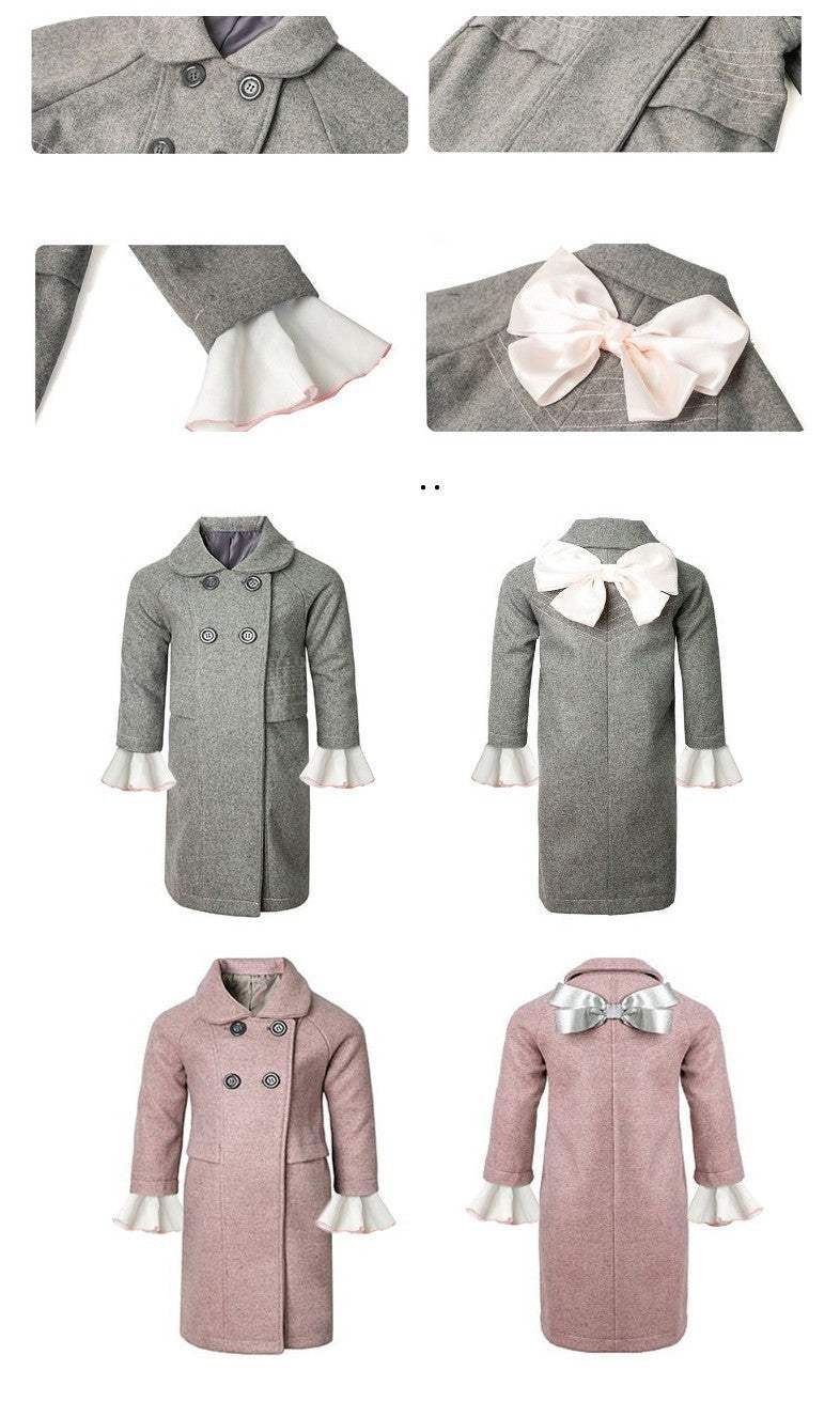 Girls' Woolen Winter coat in grey and dusty pink, with a textured finish, double-breasted buttons, white cuffs and bow detail.