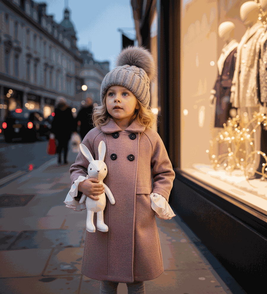 Girls' Woolen Winter coat in dusty pink wool with a long, double-breasted silhouette, black buttons, and ruffled cuffs.