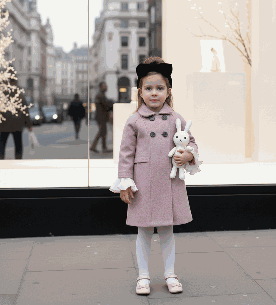 Girls' Woolen Winter coat in dusty pink wool, with a long double-breasted design, dark buttons, and white ruffled cuffs.