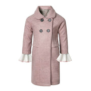 Girls' Woolen Winter coat in dusty pink wool, with a long double-breasted design, dark buttons and white flared cuffs.