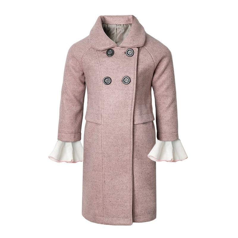 Girls' Woolen Winter long coat in dusty pink wool fabric, with a double-breasted button front and white flared cuffs.