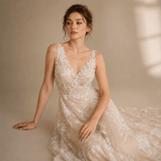Ivory floral lace elegant wedding guest dress with nude tulle and deep V neckline