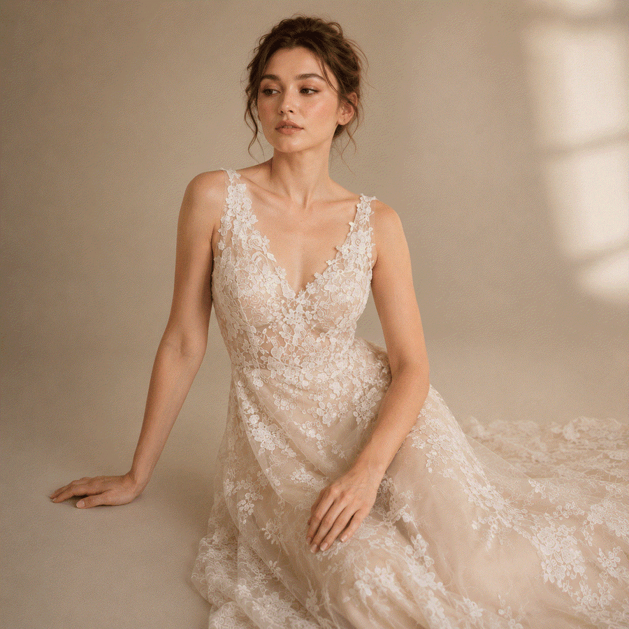 Ivory floral lace elegant wedding guest dress with nude tulle and deep V neckline