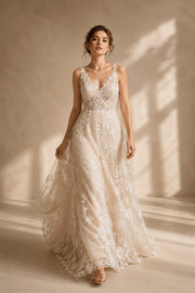 Ivory floral lace wedding guest dress with nude tulle and deep V neckline