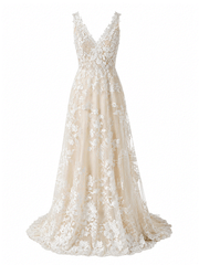 Ivory floral lace wedding dress with nude tulle and deep V neckline