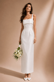 Elegant ivory satin column dress with square neckline and back slit