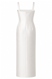 Ivory satin column dress with square neckline and back slit, minimalist elegant gown for special occasions