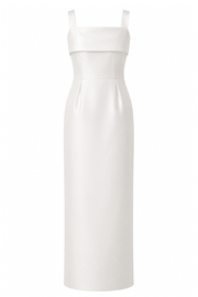Ivory satin column dress with square neckline and back slit for special occasions