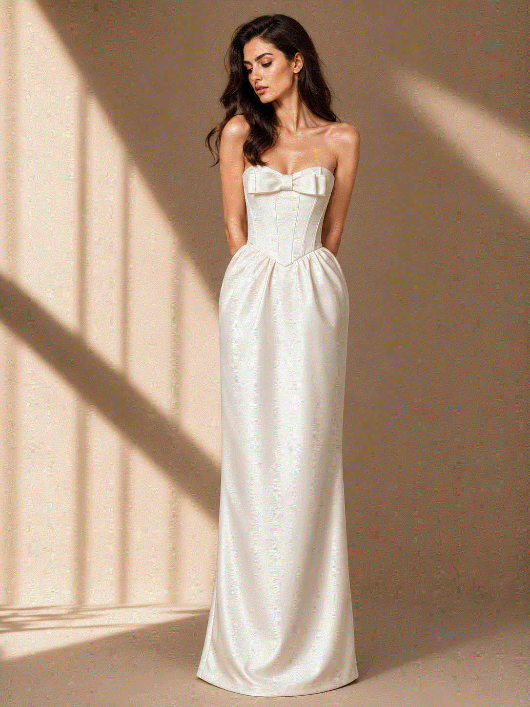 Elegant ivory satin corset strapless maxi evening gown with sculpted bodice and bow detail