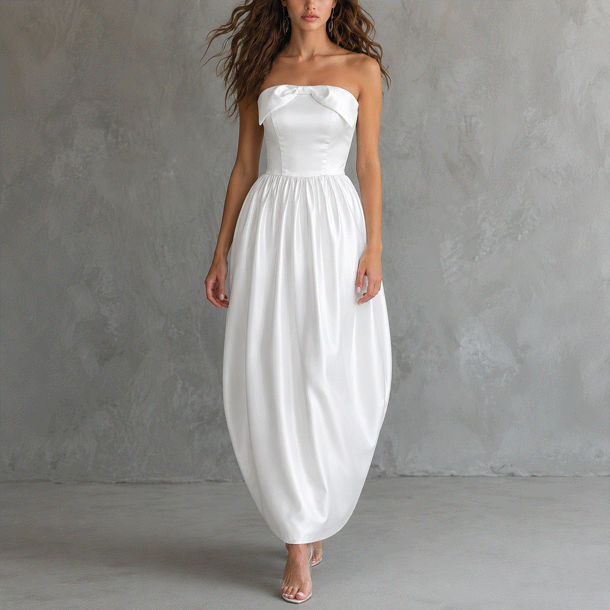 Ivory satin off-shoulder elegant party dress with sculpted bubble hem evening gown