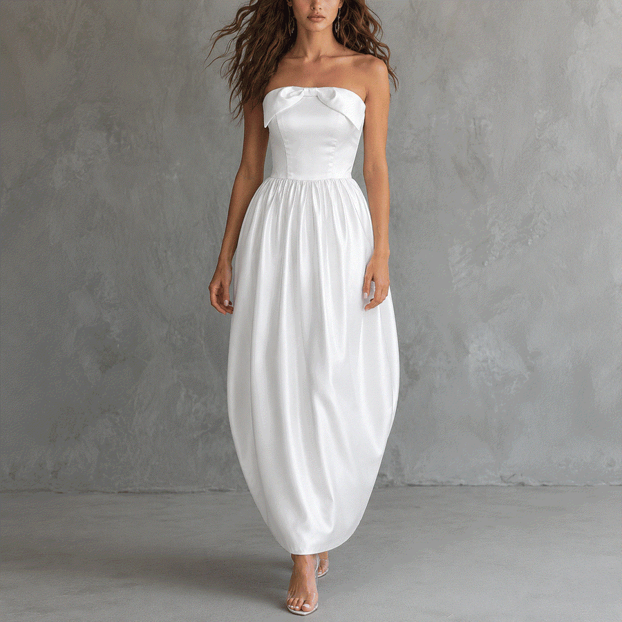 Ivory satin off-shoulder elegant party dress with sculpted bubble hem evening gown