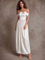 Ivory satin off-shoulder elegant party dress with bubble hem and fitted waist
