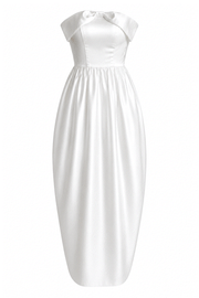 Ivory satin off-shoulder elegant party dress with sculpted bubble hem and fitted waist