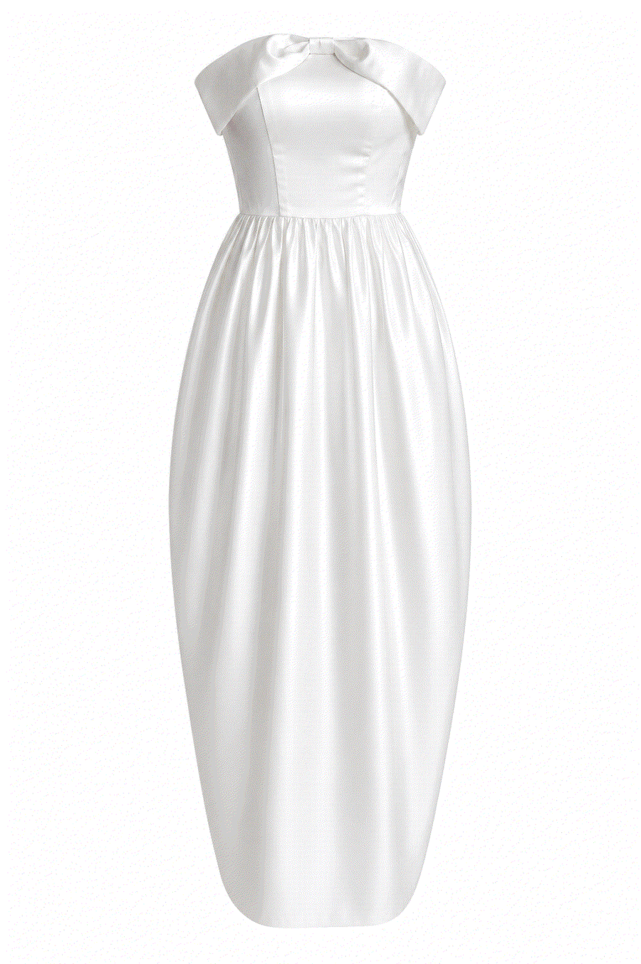 Ivory satin off-shoulder elegant party dress with sculpted bubble hem and fitted waist