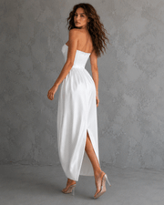 Ivory satin off-shoulder elegant party dress with sculpted bubble hem and fitted waist