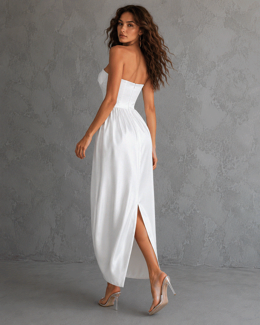Ivory satin off-shoulder elegant party dress with sculpted bubble hem and fitted waist