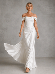 Ivory satin off-shoulder corset wedding guest dress with elegant draped waist and floor-length silhouette