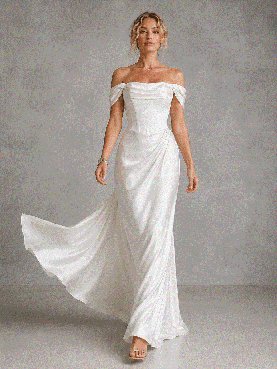 Ivory satin off-shoulder corset wedding guest dress with elegant draped waist and floor-length silhouette