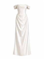 Ivory satin off-shoulder corset wedding guest dress with elegant draped waist and flowing floor-length silhouette
